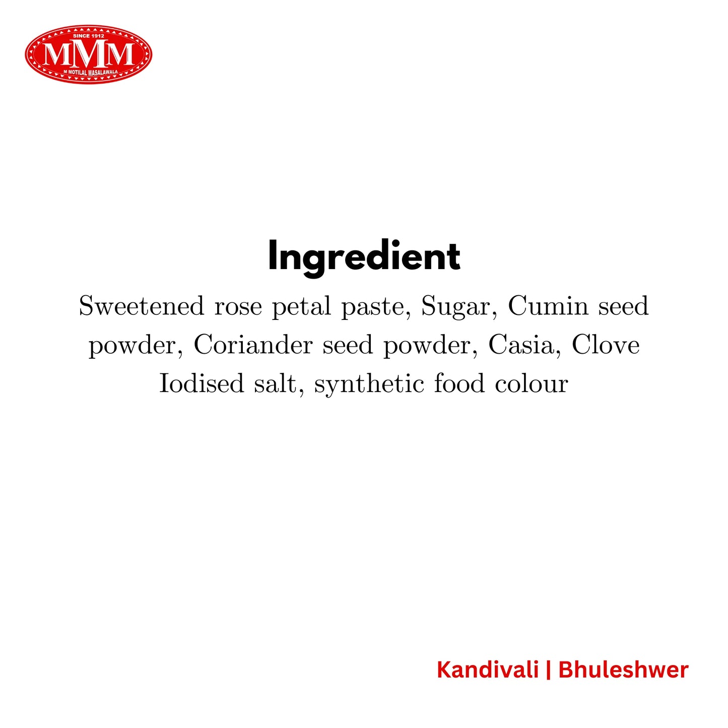 Cocktail Goli ingredient list including rose petal paste, cumin seed, coriander seed, and spices