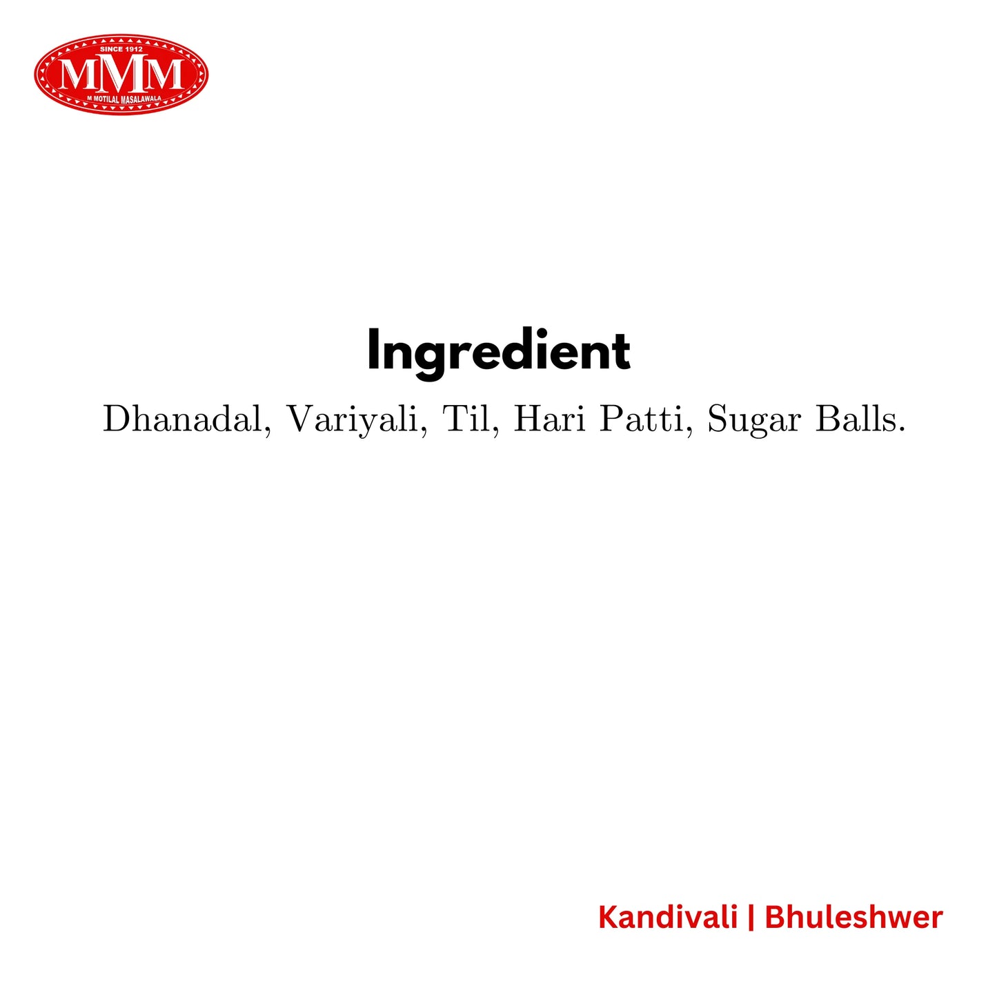 Ingredient list for Deluxe Variyali with dhanadal, variyali, til, hari patti, and sugar balls.
