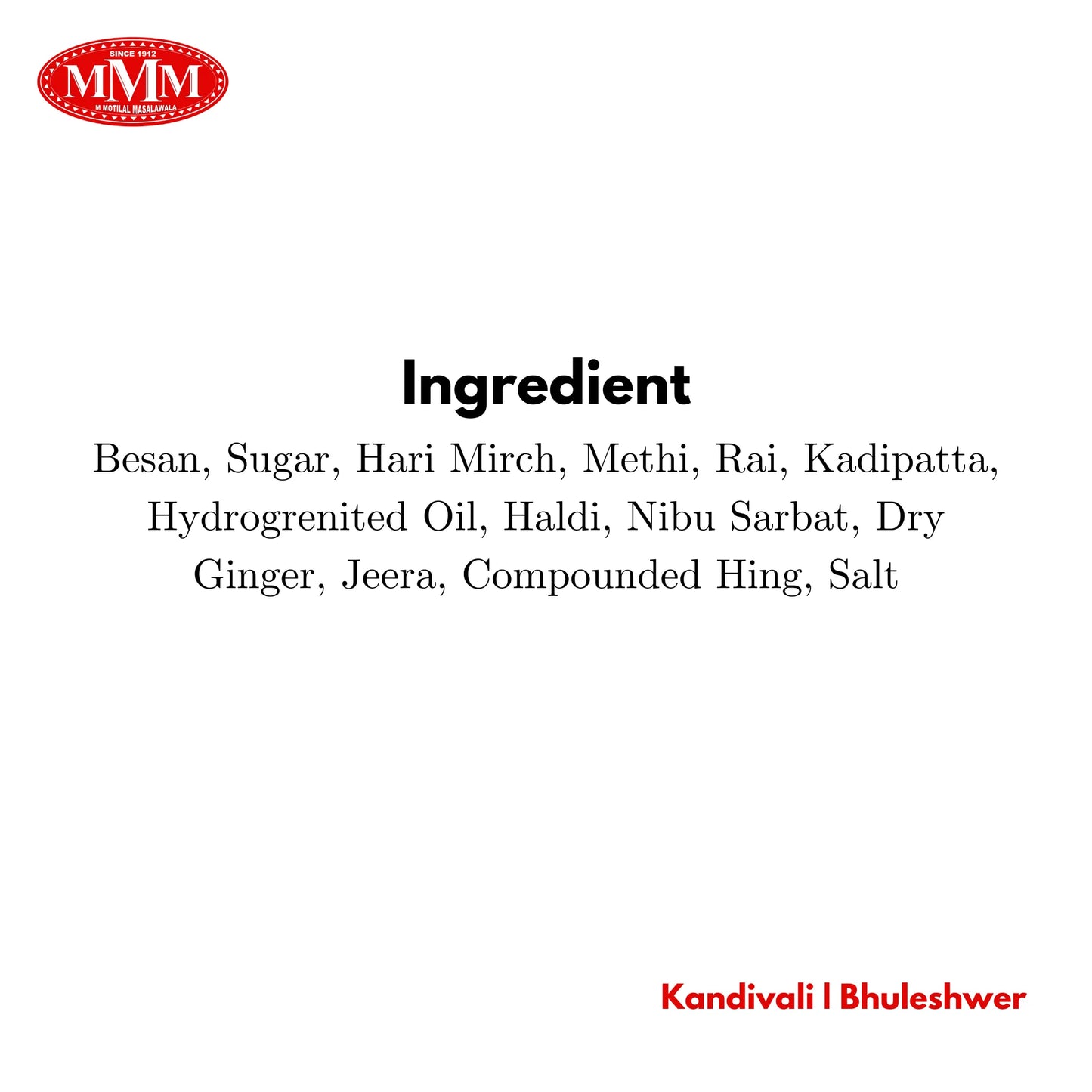 Instant Kadhi ingredients list with besan, spices, and herbs on a white background.