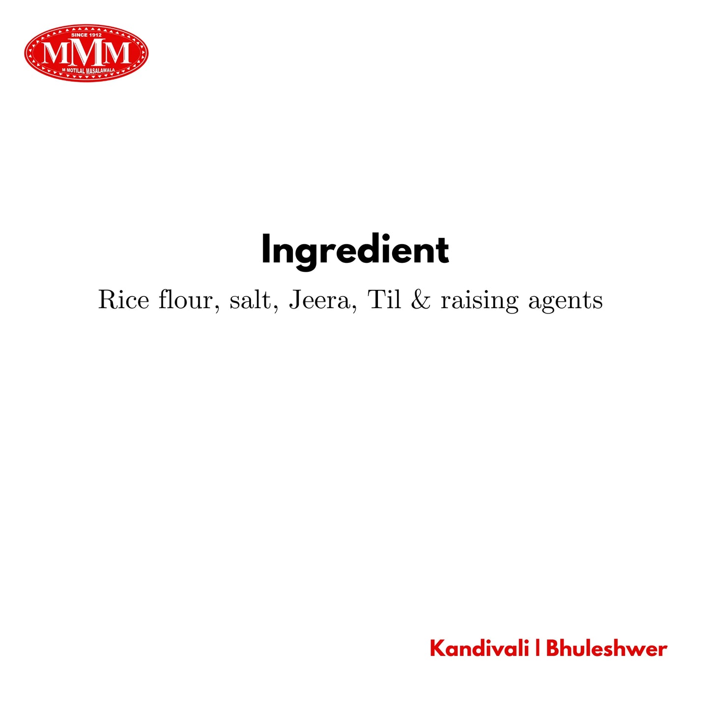 Ingredient list for Instant Khichu showing rice flour, salt, jeera, til, and raising agents on white background.