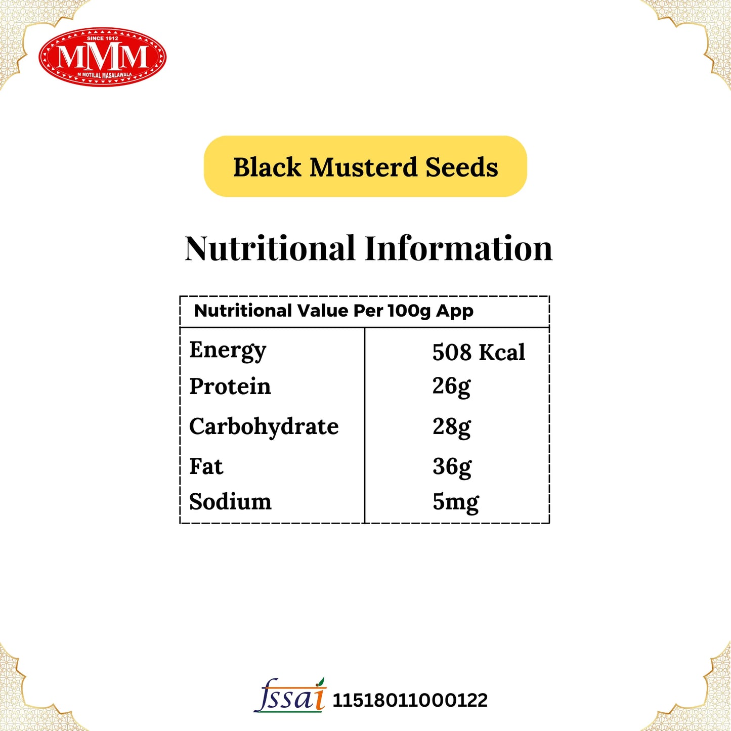 Musterd Seeds Medium Motilal Masala Nutritional Information