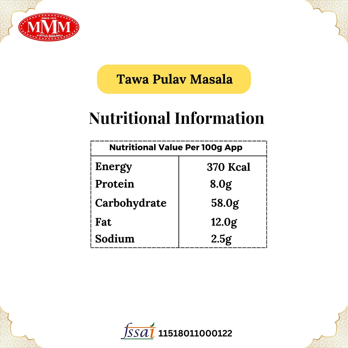 Tawa Pulav Masala Nutritional Information