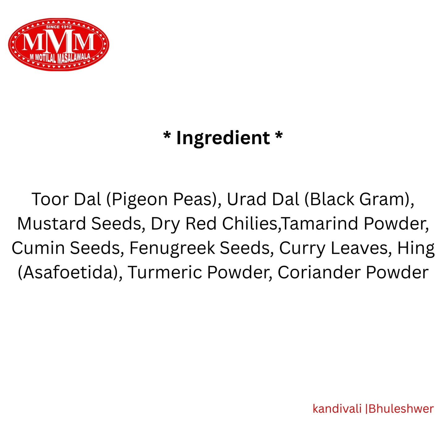 List of Indian masala ingredients including toor dal, urad dal, mustard seeds, and spices.
