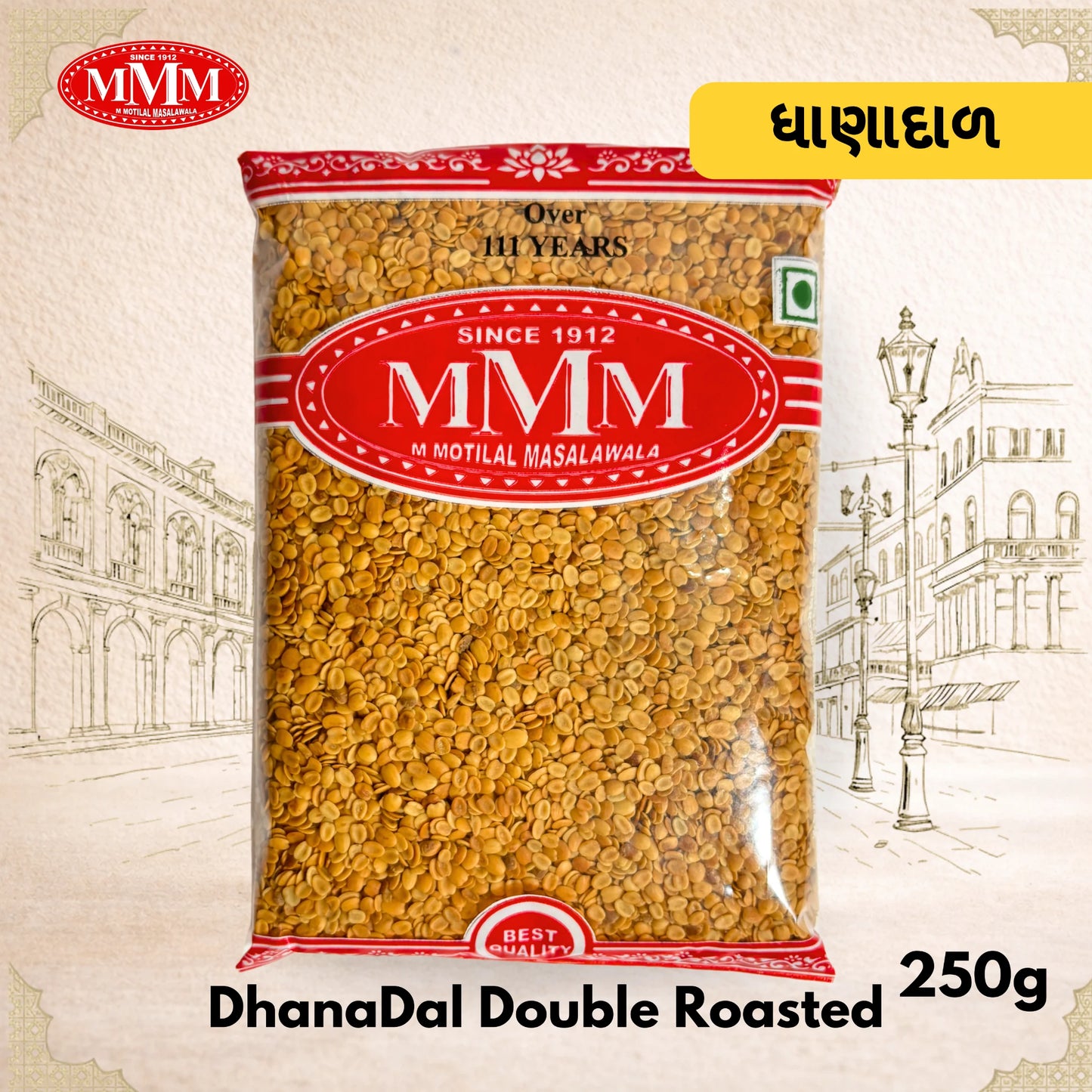 Packaged food item with MMM brand label on a decorative background