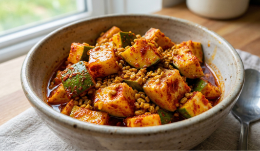 Spicy Indian mango pickle with fenugreek seeds and masala in a ceramic bowl