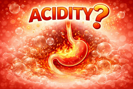 Illustration of stomach with flames and bubbles, symbolizing acidity or acid reflux