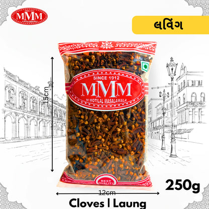 250g pack of whole cloves laung in clear bag, front label, street sketch background