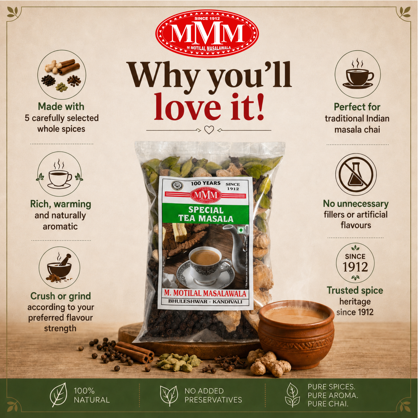 Whole Tea Masala 250g | 5 Handpicked Whole Spices | M Motilal Masalawala Since 1912