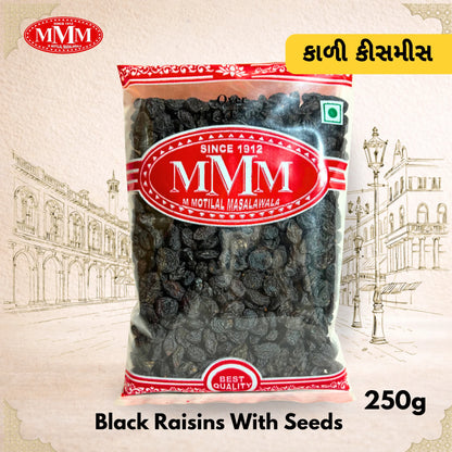 Packaged black raisins with seeds and MMM brand logo on a decorative background