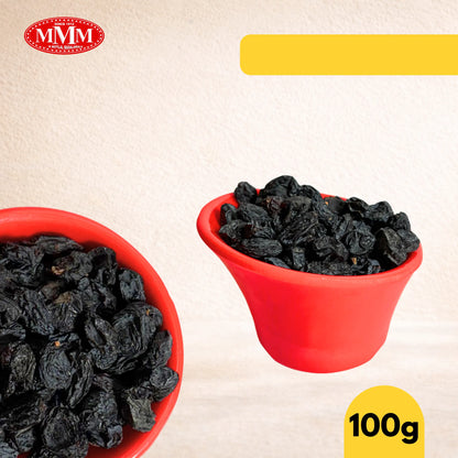 Red bowls filled with black dried fruits on a beige background, with 'MMM' logo and weight label.
