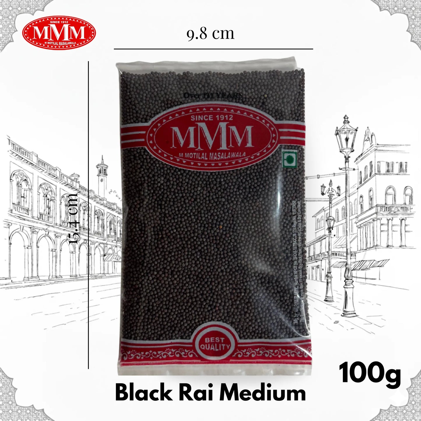 100g clear pouch of Black Rai Medium mustard seeds with product dimensions on a white background