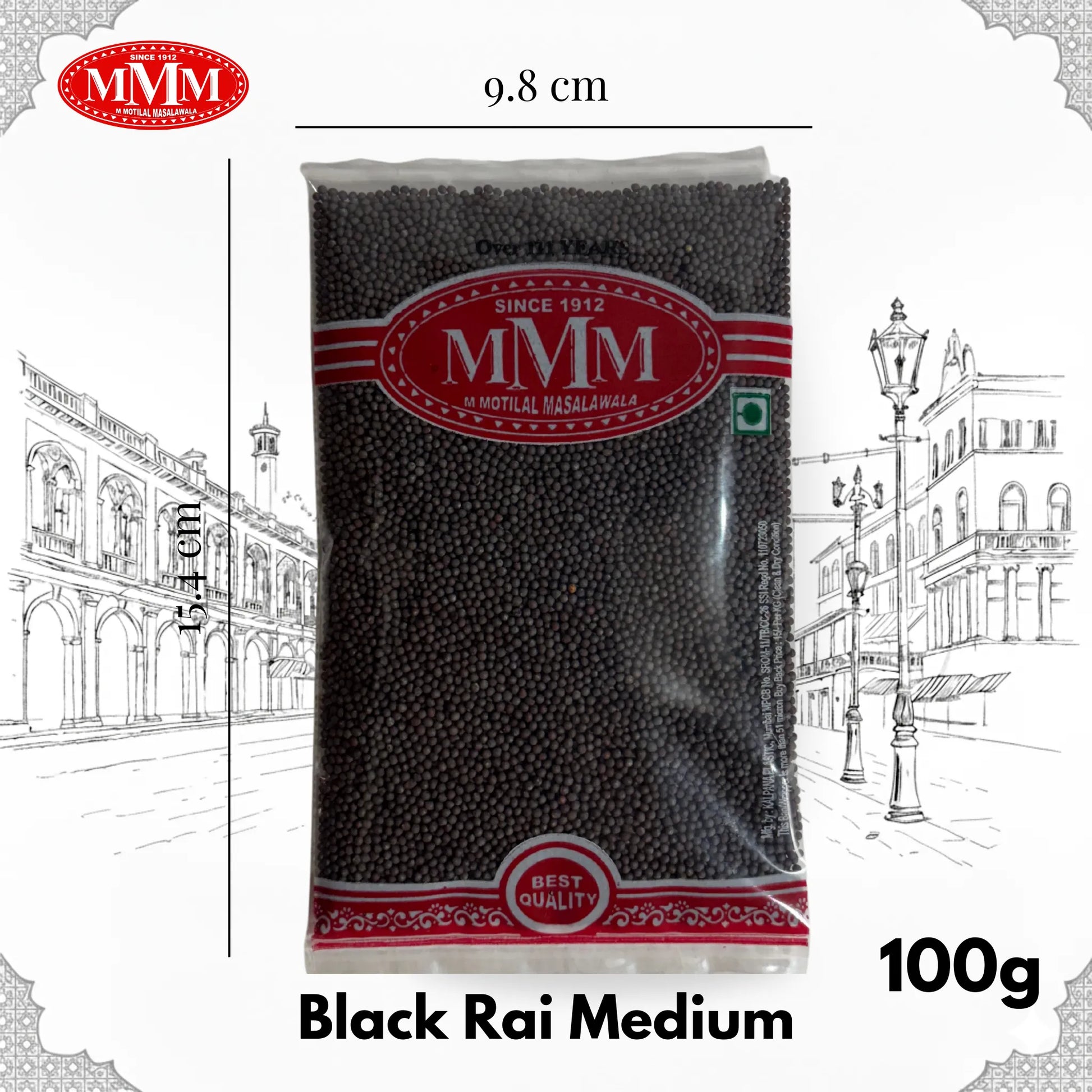 100g clear pouch of Black Rai Medium mustard seeds with product dimensions on a white background