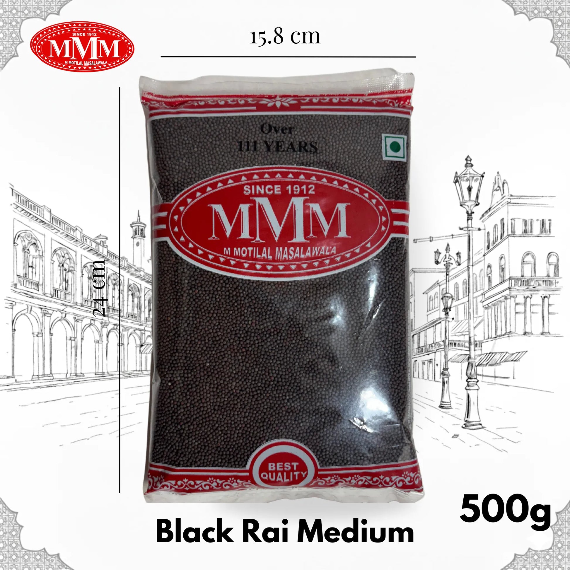 500g pack of black rai mustard seeds in clear plastic packaging with red label, front view