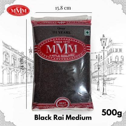 500g pack of black rai mustard seeds in clear plastic packaging with red label, front view