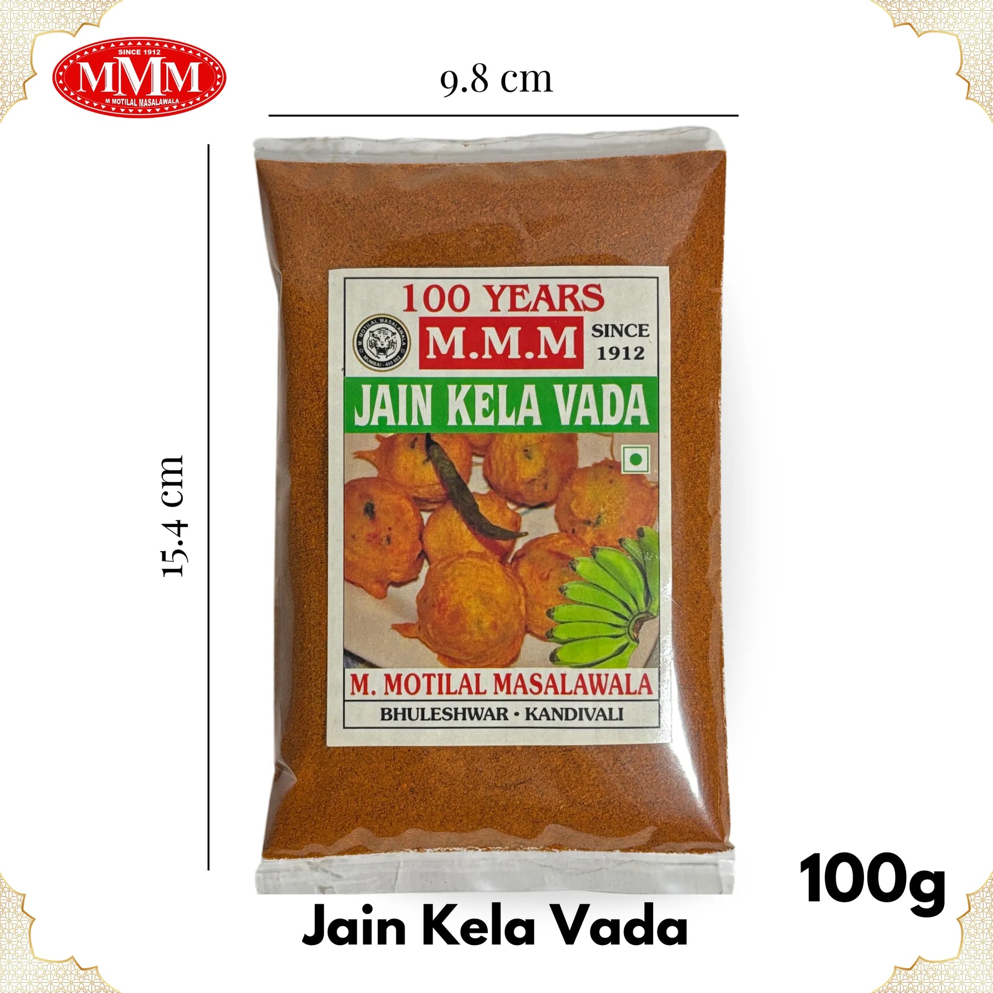 Jain Kela Vada Masala 100g pack Motilal Masalawala diemsnion