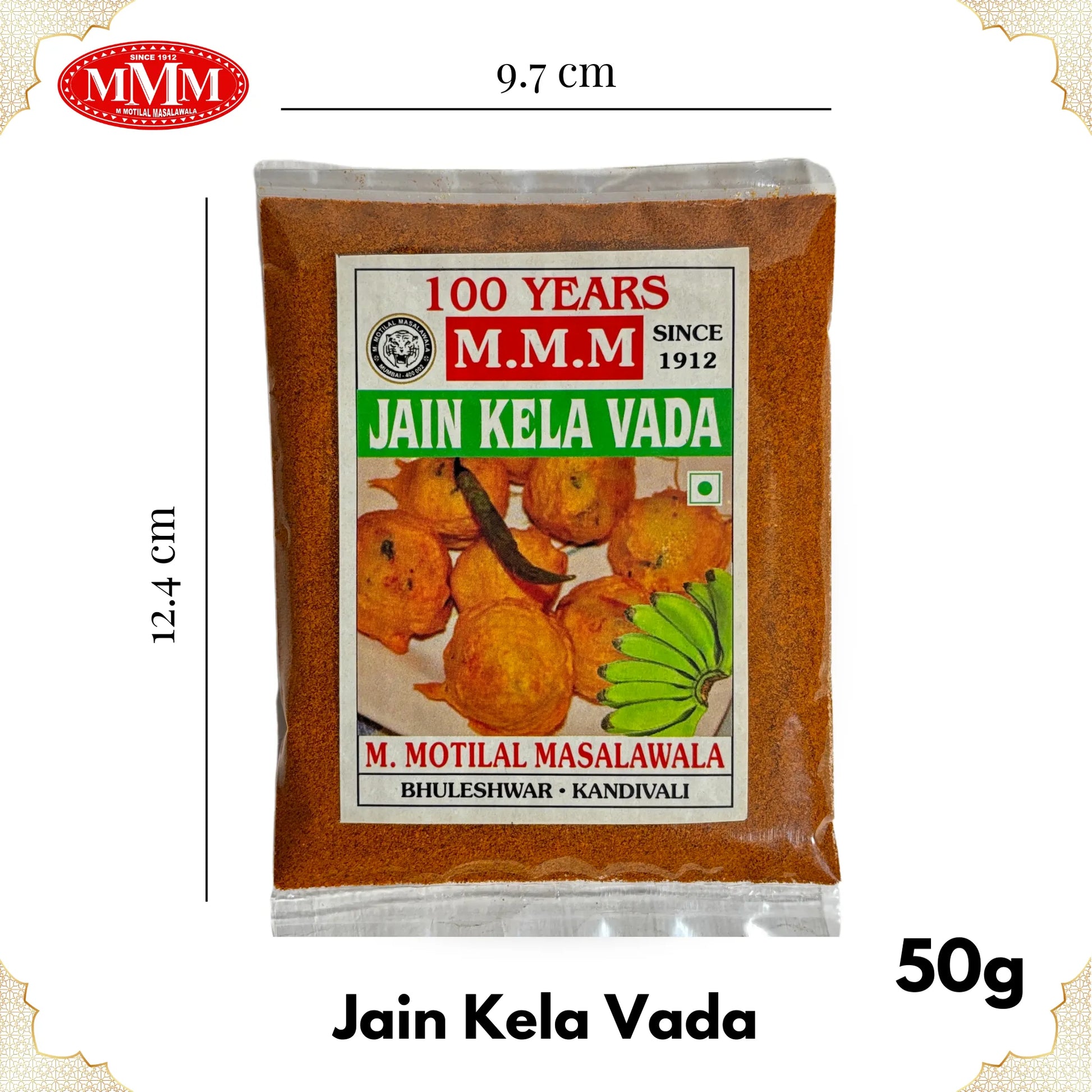 Jain Kela Vada Masala 50g pack Motilal Masalawala DImension