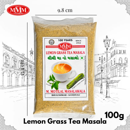 Lemongrass tea masala 100g packet with herbs and tea cup, labeled MMM, on white background