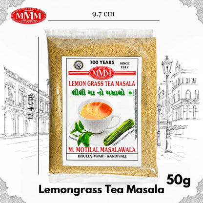 Packet of Lemongrass Tea Masala 50g with cup of tea and lemongrass, labeled in English and Gujarati