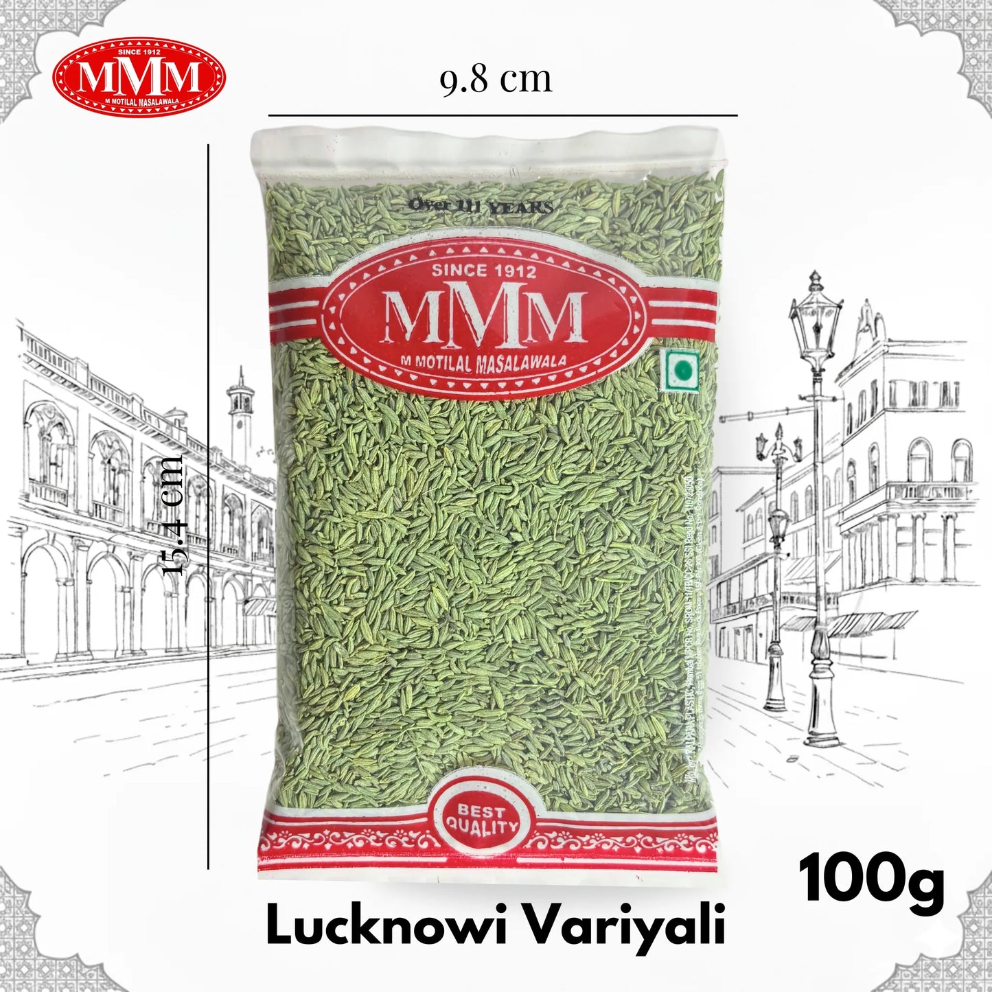Packet of Lucknowi Variyali fennel seeds 100g with heritage building illustration in background