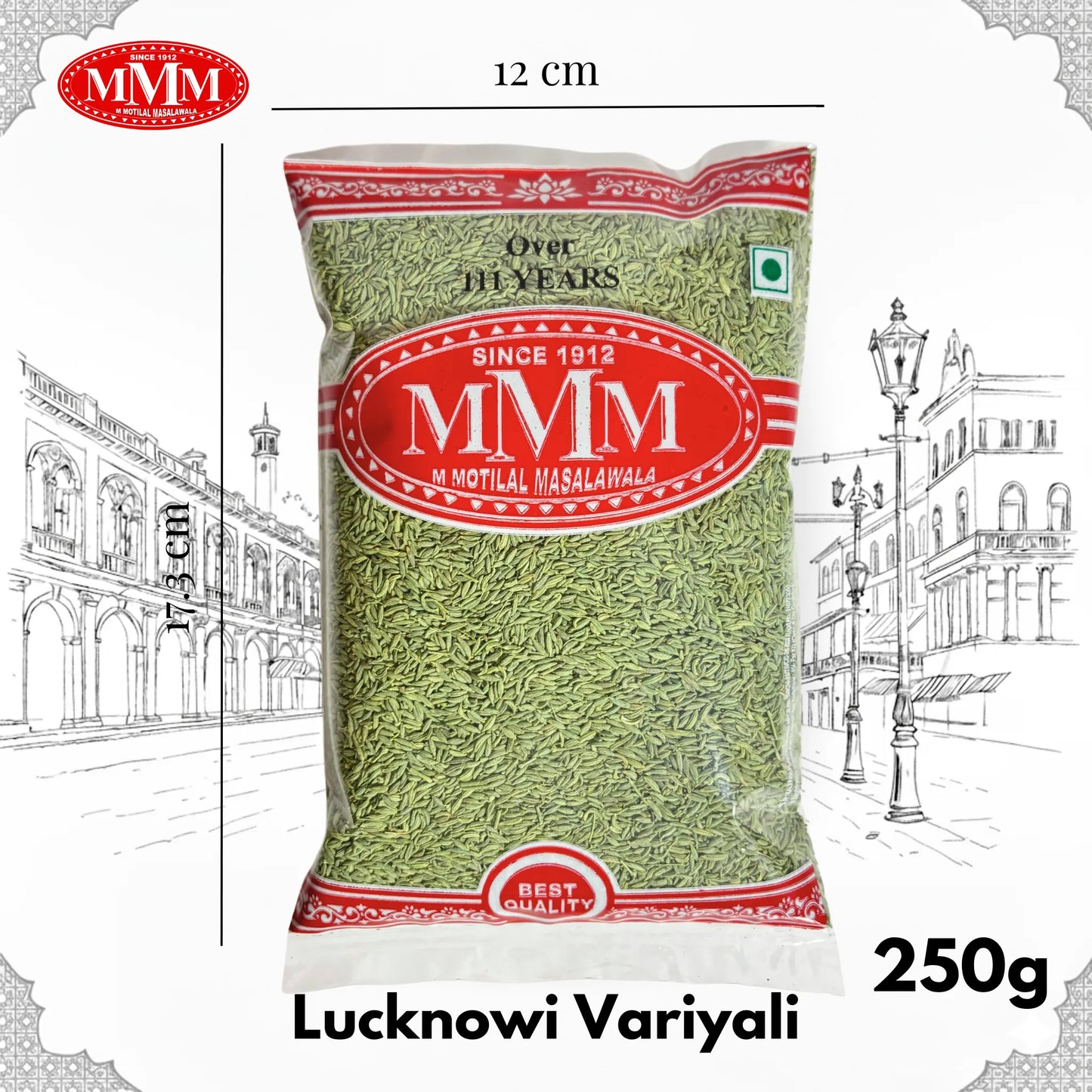 250g pack of Lucknowi Variyali fennel seeds in a clear pouch with red label, Indian spice