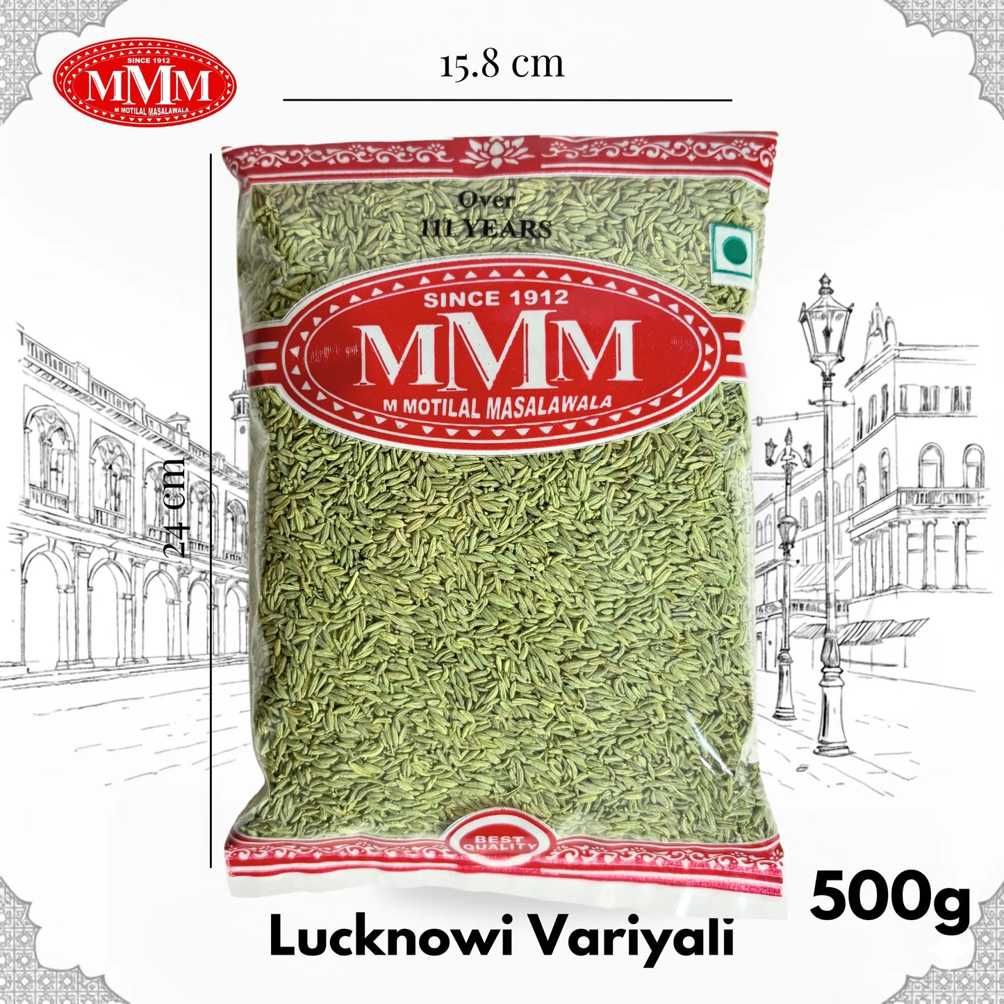 500g packet of Lucknowi Variyali fennel seeds in clear packaging with green seeds visible