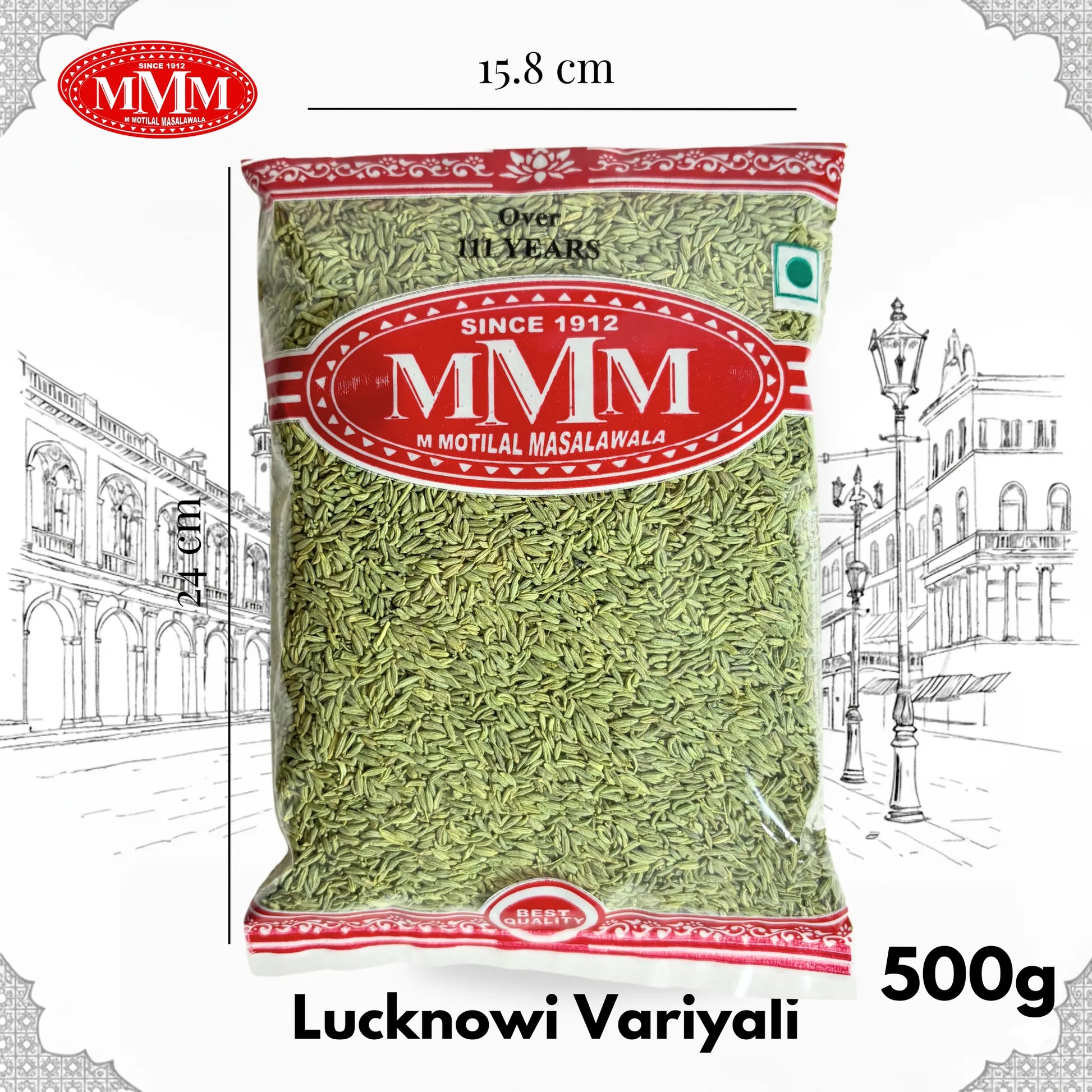 500g packet of Lucknowi Variyali fennel seeds in clear packaging with green seeds visible
