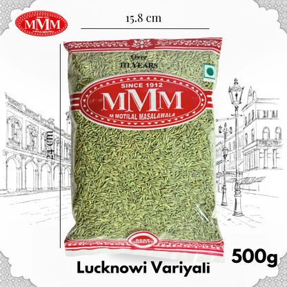 500g packet of Lucknowi Variyali fennel seeds in clear packaging with green seeds visible