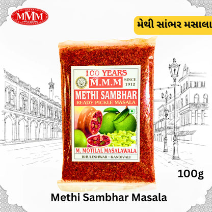 Methi Sambhar Masala package with MMM logo and text on a white background