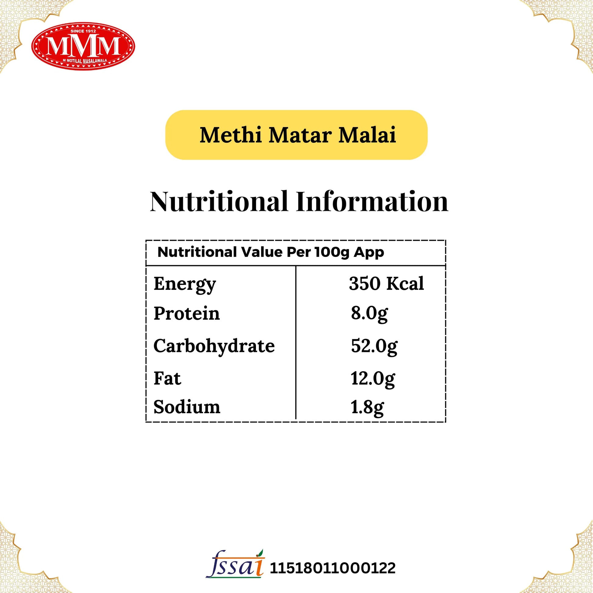 Methi Matar malai Masala Motilal Masalwala Nutironal Information