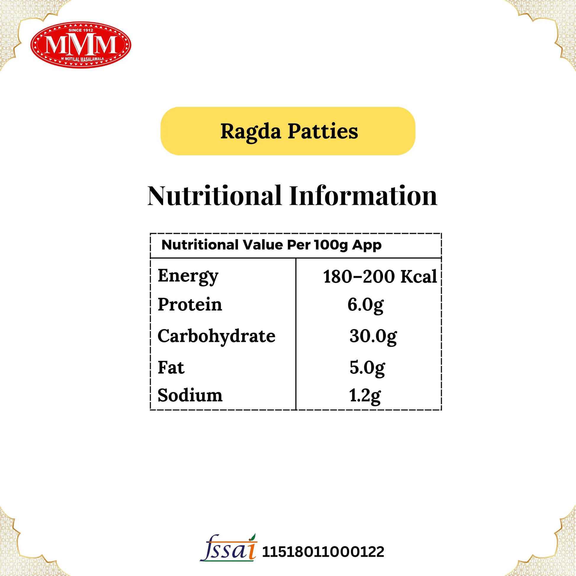 Ragda Patties Masala  Motilal Masalawala Nutrional Information