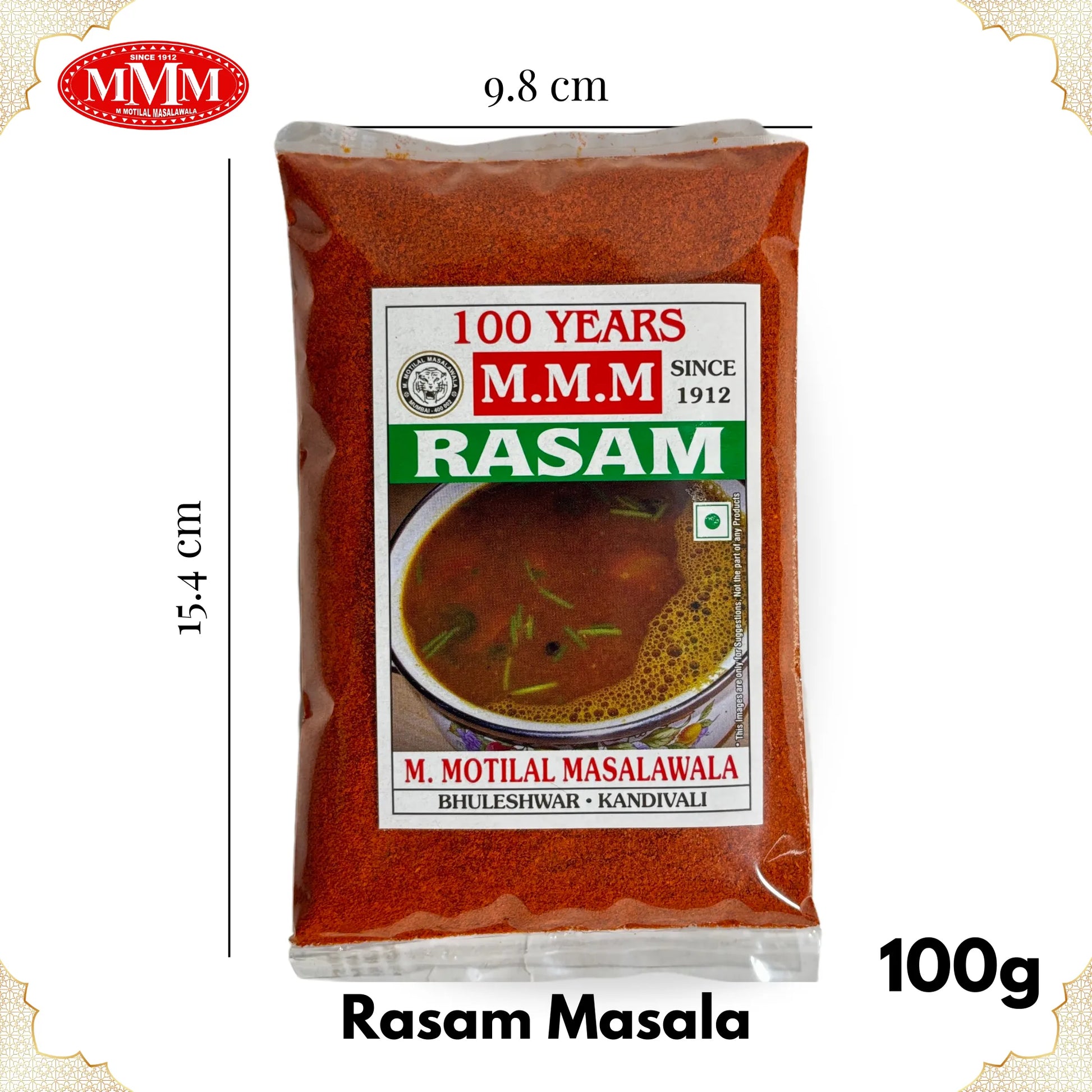 Rasam Masala 100g pack Motilal Masalawala Dimension