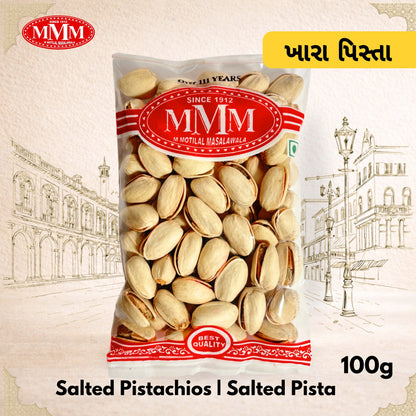 Packaged salted pistachios with MMM brand label on a decorative background