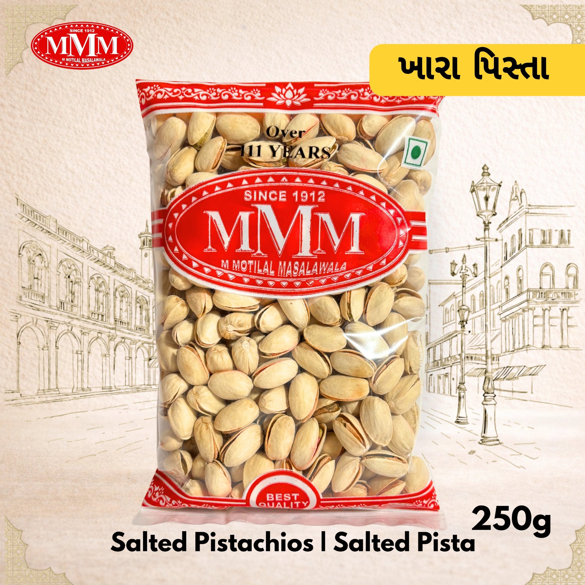 Packaged salted pistachios with MMM brand logo on a decorative background