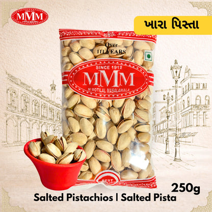 Bag of MMM Salted Pistachios salted pista 250g with a red bowl of pistachios on a decorative background