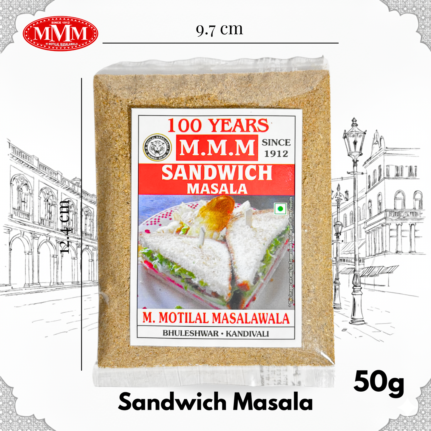 M.M.M Sandwich Masala packaging with dimensions and weight on a decorative background