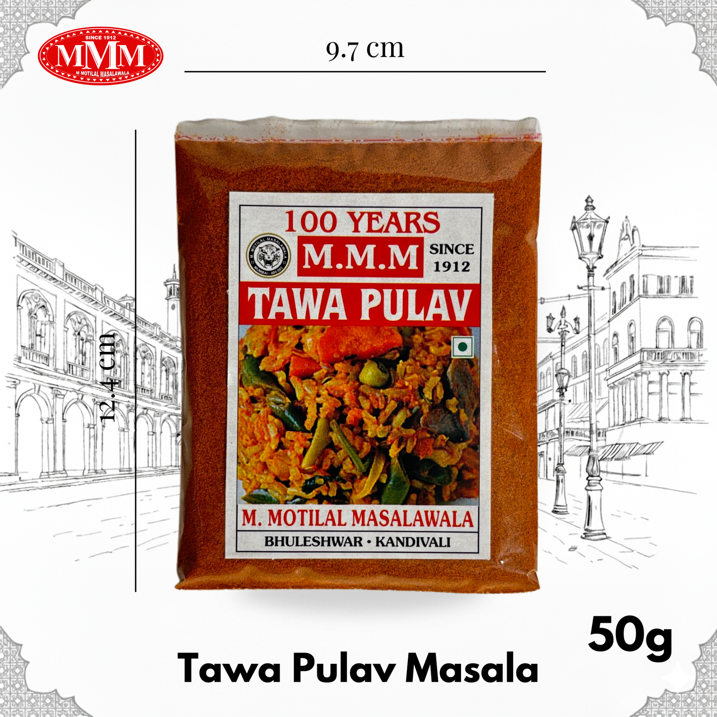 MVM Tawa Pulav Masala packet with dimensions and weight on a white background