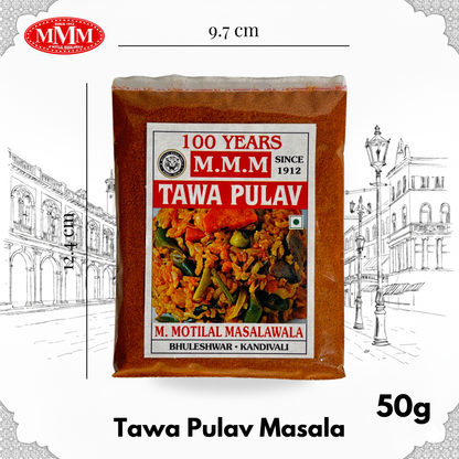 MVM Tawa Pulav Masala packet with dimensions and weight on a white background