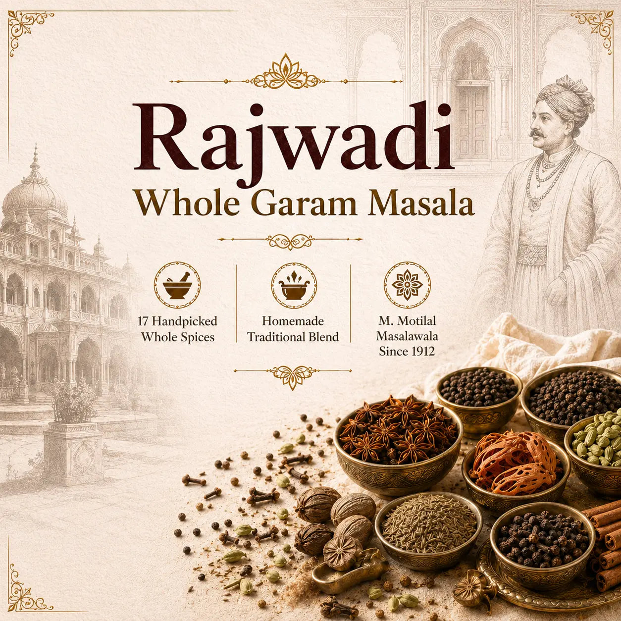 Rajwadi Whole Garam Masala 250g | 17 Handpicked Whole Spices | M Motilal Masalawala Since 1912