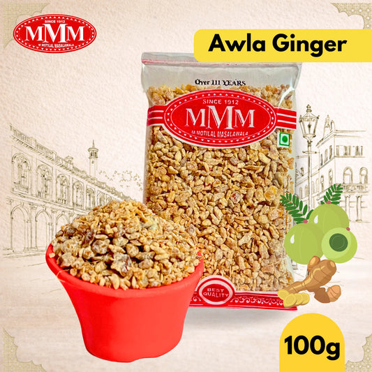 Packaged awla ginger with 'MMM' branding and ginger illustration on a decorative background