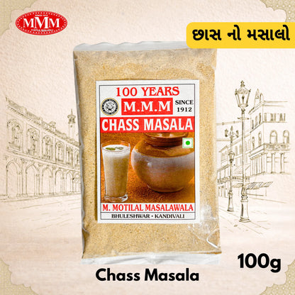 MVM Chass Masala packaging with a vintage architectural background