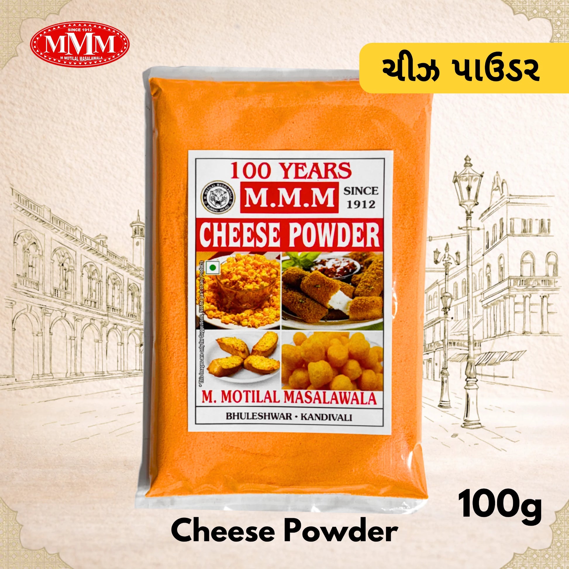 Package of M.M.M Cheese Powder with branding and product details on an illustrated background