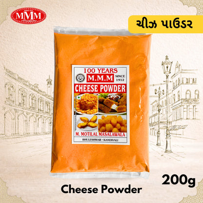 Pack of M.M.M Cheese Powder with branding and product details on a decorative background