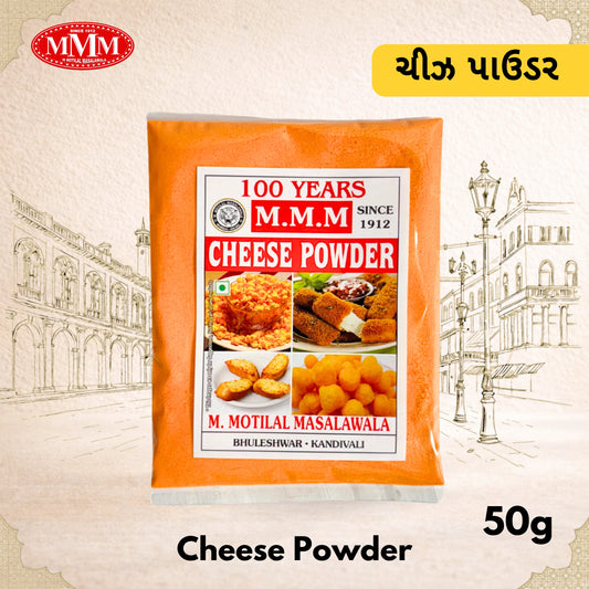 Package of M.M.M Cheese Powder with branding and product details on a decorative background.