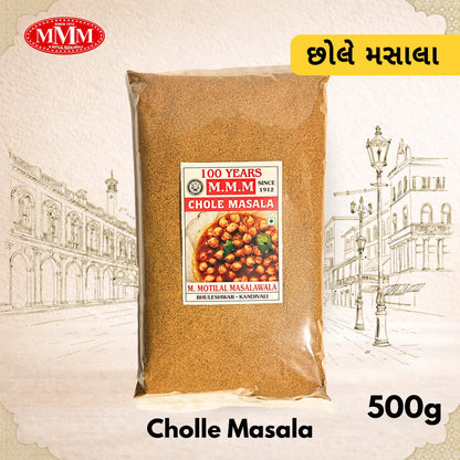Pack of Chole Masala with MMM logo and text on a decorative background
