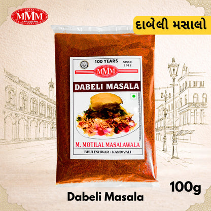 Dabeli Masala package with MMM logo and text on a decorative background
