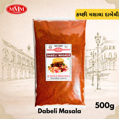 Bag of Dabeli Masala with MMM logo and text on a decorative background