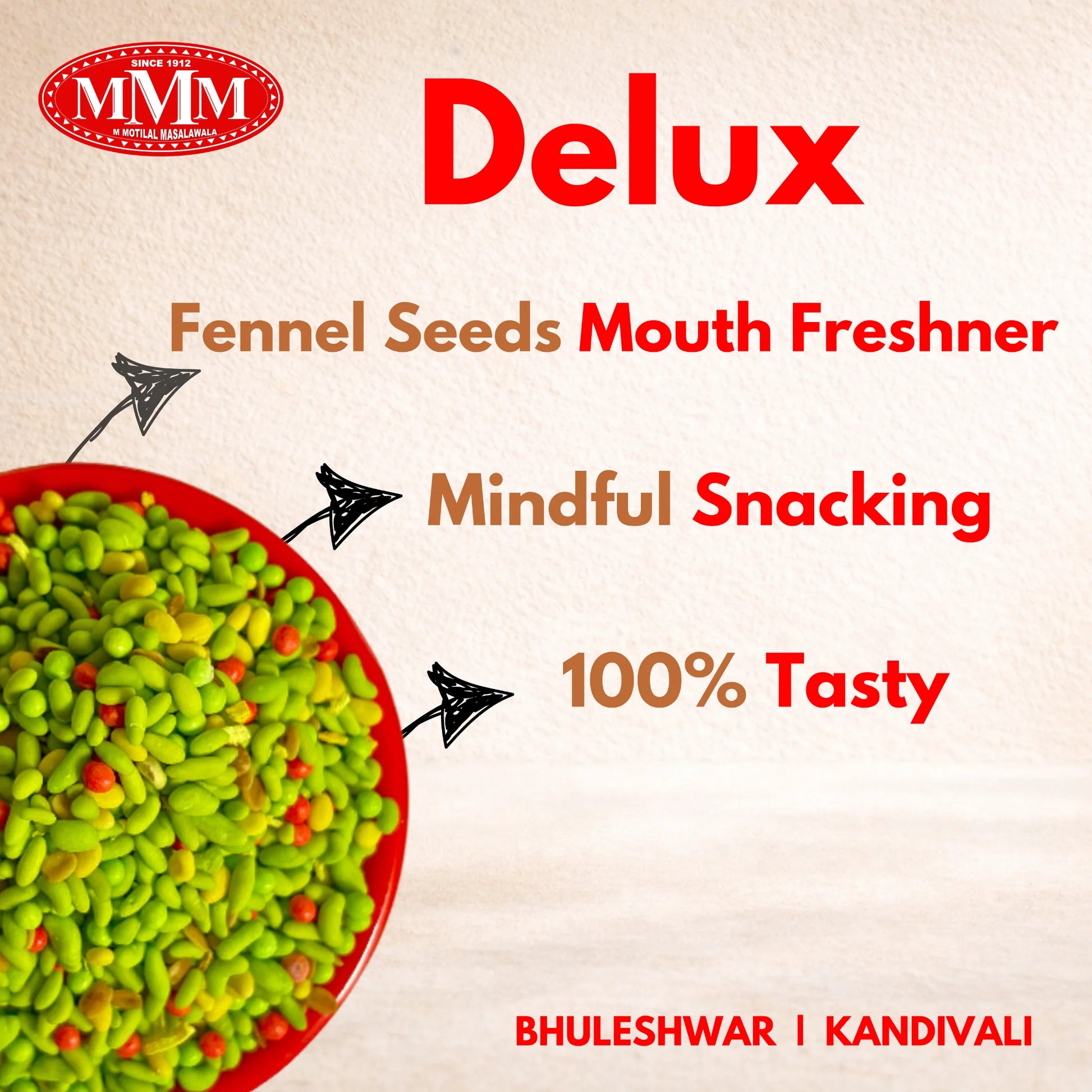 Promotional image of 'Delux' fennel seeds mouth freshener with MMM logo and text on a beige background.
