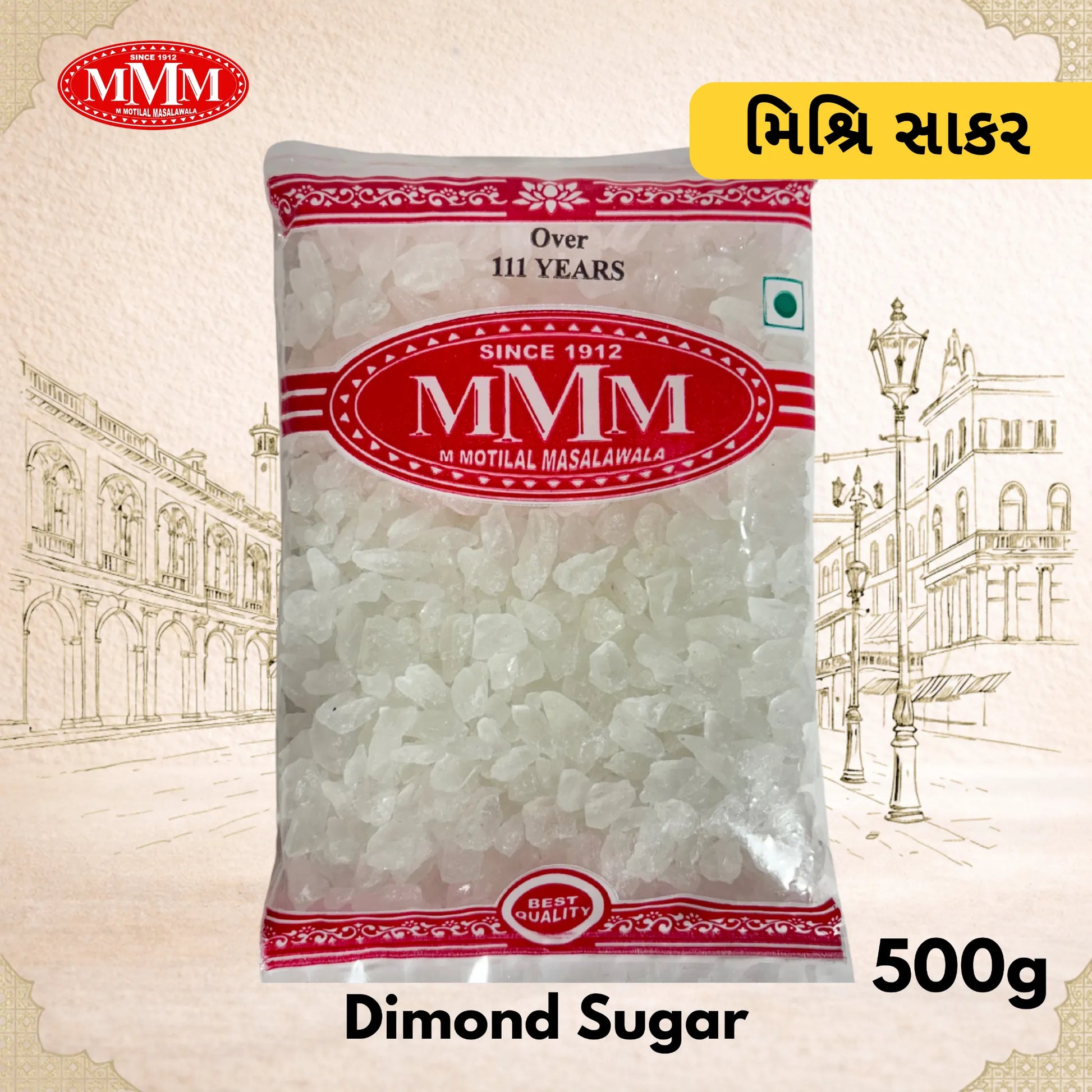 Bag of MMM Diamond Sugar with branding and product details on a decorative background