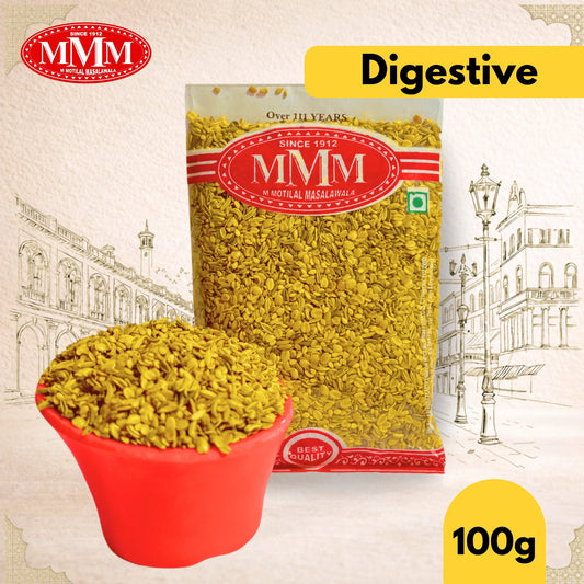 MMM Digestive product packaging with a red bowl filled with the product on a decorative background.