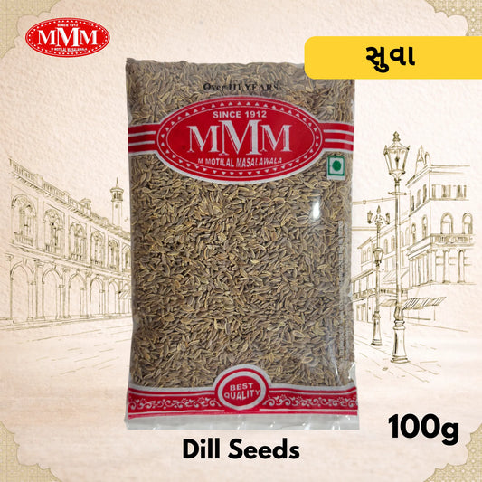 Bag of dill seeds with MMM logo on a decorative background
